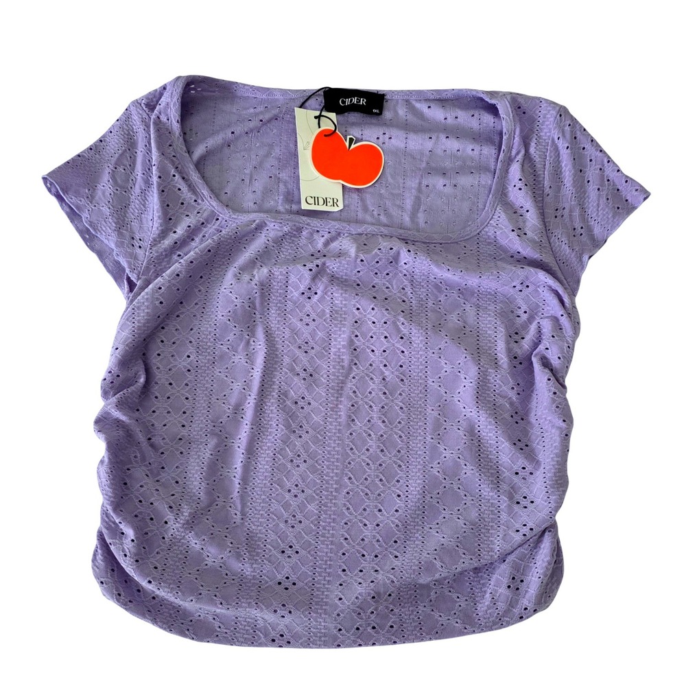 Cider Cute Purple Pointelle Knit Ruched Sides Square Neck Top 1X Cottagecore New